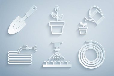 Otomatik sulama fıskiyeleri, sulama kutusu, bahçe hortumu ya da yangın hortumu, saksı ve kürek ikonu hazırla. Vektör