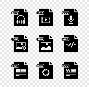 MP3 dosya belgesini, MP4, OGG, PDF, RAW, DOC, GIF ve JPG simgesini ayarla. Vektör