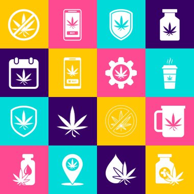 Tıbbi şişeyi marihuana, fincan çayı, kahve, kalkan ve online alışveriş, takvim, dur ve test tüpü ikonu ile ayarla. Vektör