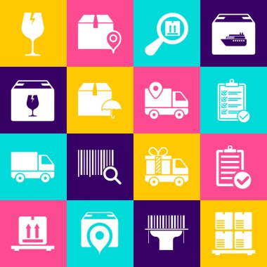 Karton kutuları palete, dağıtım listesinin doğrulanması, arama paketi, şemsiyeli teslimat, kırılgan içerik, kırılgan cam ve izleme simgesine ayarla. Vektör