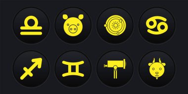 Sagittarius Zodiac, Kanser, Gemini, Teleskop, Güneş Sistemi, Domuz, Koç ve Terazi simgesini ayarla. Vektör