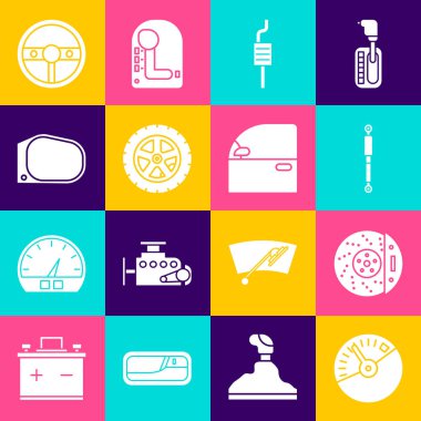 Hız göstergesini, oto fren diskini kalibre ile ayarla, şok emici, susturucu, tekerlek, ayna, direksiyon ve kapı simgesi. Vektör