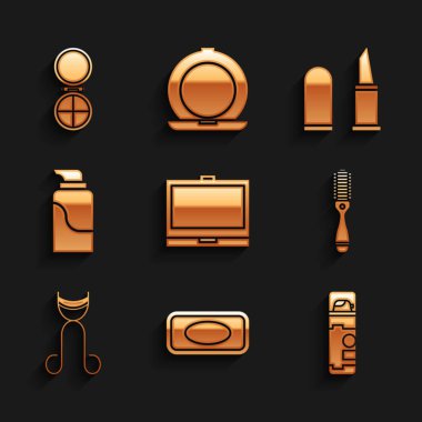 Makyaj tozunu ayna, sabun, tıraş jeli köpüğü, saç fırçası, kirpik bigudi, krem kozmetik tüpü, ruj ve ikon ile ayarla. Vektör