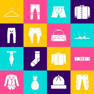 Kargo pantolonu, deri kemer, sutyen, erkek iç çamaşırı, pantolon, elbise dolabı ve spor çanta ikonu. Vektör