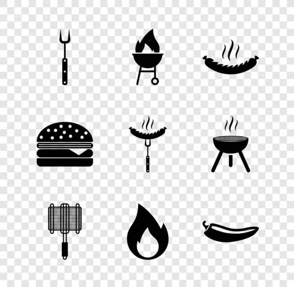 Ställ grill gaffel, grill, korv, stålnät, Fire flame, Hot chili peppar pod, Burger och på ikonen. Vektor — Stock vektor