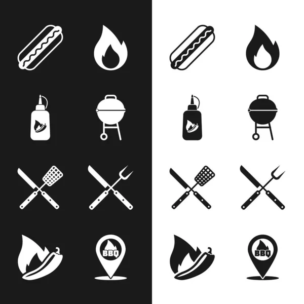 Set Barbecue Grill, Ketchup-Flasche, Hotdog-Sandwich, Feuerflamme, Kreuzmesserspatel, Gabel, Standort mit Grill und Chili-Pepper-Pod-Symbol. Vektor — Stockvektor
