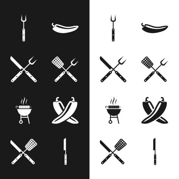 Set Crossed Gabel und Spatel, Messer, Grill, Chili-Schote, gegrillter Fisch Kebab, scharf und Symbol. Vektor — Stockvektor