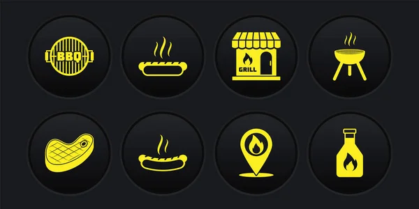 Steakfleisch, Grill, Hotdog-Sandwich, Lage mit Feuerflamme, Einkaufszentrum, Ketchup-Flasche und Symbol. Vektor — Stockvektor