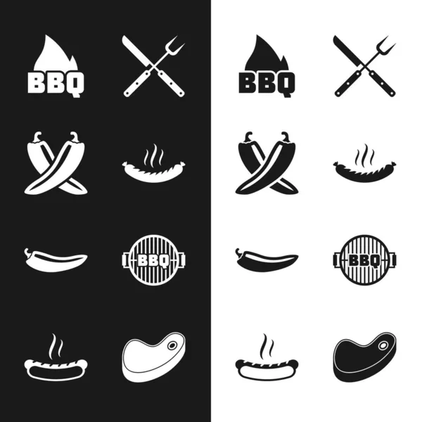 Set de salchichas, vaina de chile picante cruzado, llama de fuego de barbacoa, tenedor y cuchillo, caliente, parrilla, carne de filete y el icono de bocadillo Hotdog. Vector — Vector de stock