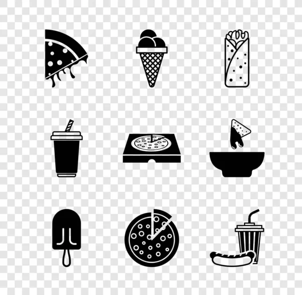 Set Fetta di pizza, Gelato in waffle cone, Burrito, Pizza, Soda e hotdog, Bicchiere con acqua e scatola di cartone icona. Vettore — Vettoriale Stock