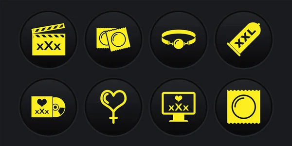 Set de discos con inscripción Sexo, Condón sexo seguro, Género y corazón femenino, Monitor 18 plus content, Silicone ball gag, Condoms package, and Movie clapper icon. Vector — Vector de stock