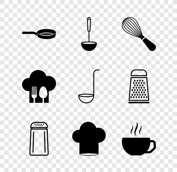 Set Sartén, cucharón de cocina, batidor, sal y pimienta, sombrero de chef, taza de café, con cuchara de tenedor e icono. Vector — Archivo Imágenes Vectoriales