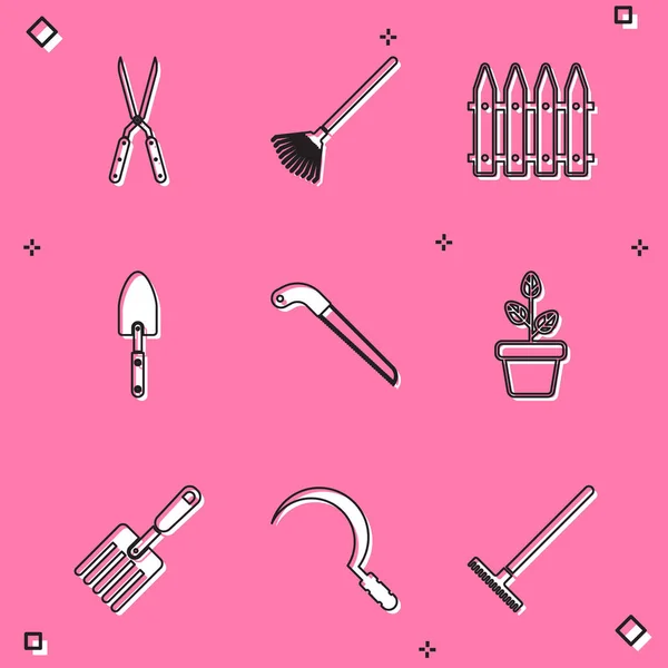 Set de jardinería tijera artesanal, rastrillo para hojas, cerca, pala pala pala, sierra, maceta de flores, tenedor y el icono de la hoz. Vector — Vector de stock