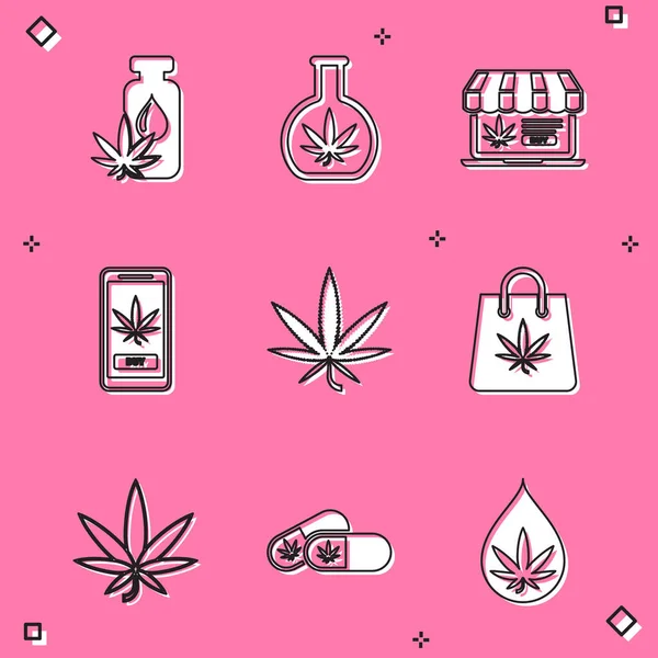 Set Marijuana or cannabis leaf oil, Test tube with marijuana, Online buying, Shopping bag of, and Medical pills icon. Vector — Stockvector