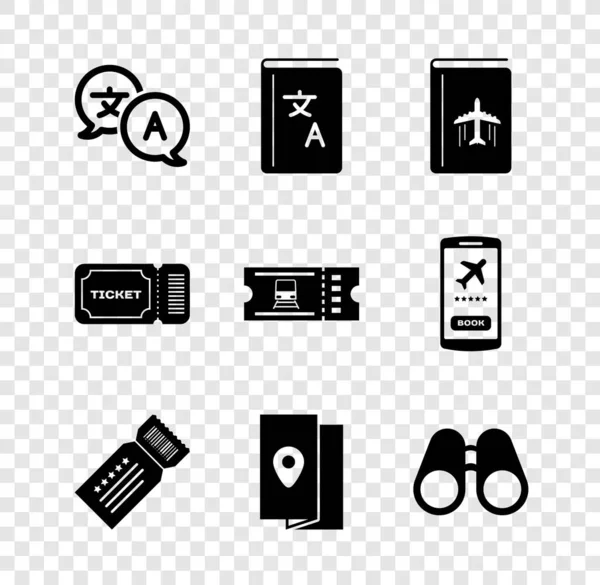 Set Translator, book, Cover travel guide, Ticket, Binoculars, and Train ticket icon. Vector — Stock Vector