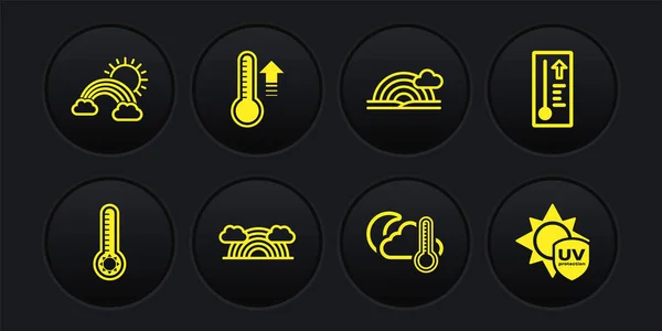 Set Termómetro de meteorología, arco iris con nubes, termómetro y nube, luna, protección UV e icono del sol. Vector — Archivo Imágenes Vectoriales