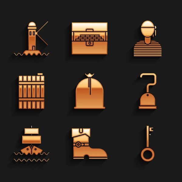 Set Pirate sack, Leather pirate boots, key, hook, Ship, Wooden barrel, Sailor captain and Lighthouse icon. Vector — Stockvector