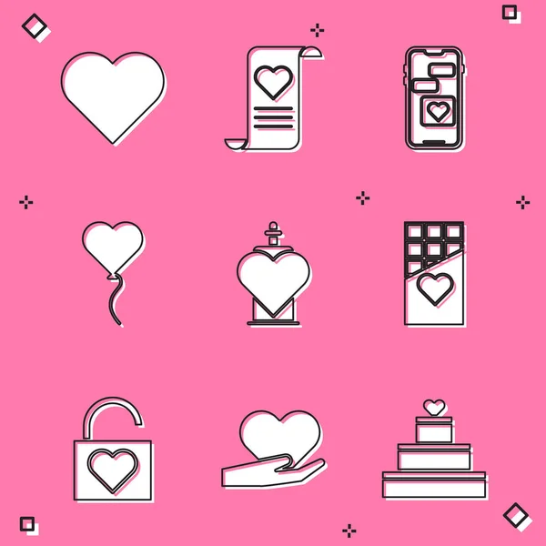 Set Heart, Enveloppe avec coeur de Saint-Valentin, Mobile, Forme ballon de, Potion d'amour de bouteille, Barre de chocolat, Verrouillage et et icône de la main. Vecteur — Image vectorielle