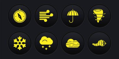Kar Tanesi, Tornado, Karlı Bulut, Sis ve Bulut, Şemsiye, Rüzgar, Koni Meteoroloji Rüzgârı ve Pusula ikonu. Vektör