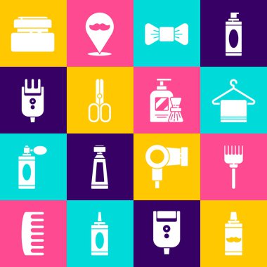 Traş köpüğü, saç fırçası, askıda havlu, papyon, makas kuaförü, tıraş makinesi, krem losyon kozmetik tüpü ve ikon. Vektör