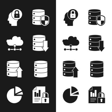 Sunucu, Data, Web Sunucu, Ağ Bulutu bağlantısı, Kilitli, Kalkanlı İnsan kafası, Belge ve Pie grafik simgesi belirle. Vektör