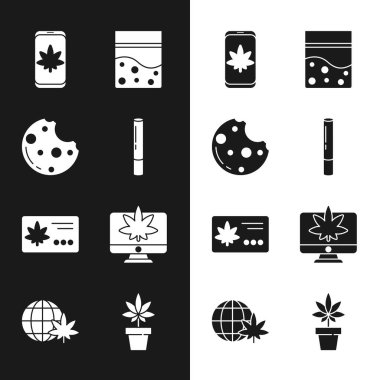 Marihuana mekanı, marihuana, mobil ve veya kenevirli kurabiyeler, takvim yaprağı, monitör, bitki ve dünya ikonunun yasallaştırılması. Vektör
