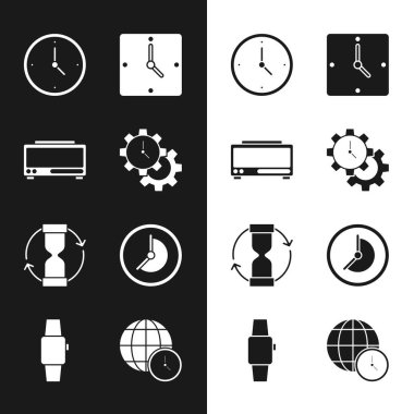 Zaman Yönetimi, Dijital Alarm Saati, Saat, Eski Kum Saati, Dünya Zamanı ve Smartwatch simgesi. Vektör