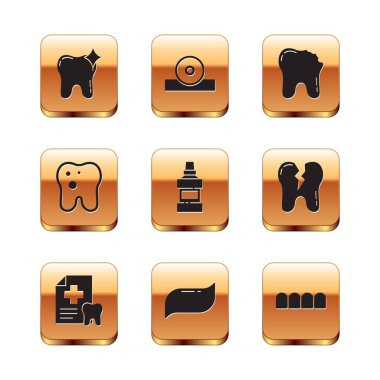 Diş beyazlatma, diş macunu, ağız macunu, diş macunu şişesi, diş macunu, kırık diş, takma diş ve Otolaryngological baş yansıtıcı ikonu. Vektör