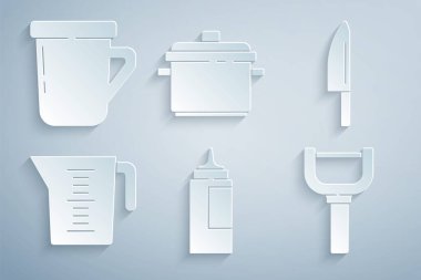 Sos şişesi, bıçak, ölçü kabı, soyucu, tencere ve kahve ikonu. Vektör