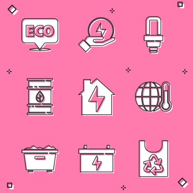 Eko sağlıklı gıda, şimşek, LED ampul, bio yakıt varili, ev ve şimşek, küresel ısınma, çöp tenekesi ve araba aküsü ikonu için etiket hazırla. Vektör