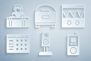 Müzik seti hoparlörü, osiloskop, bateri makinesi, müzik çalar ve DJ müzik ikonu çalsın. Vektör