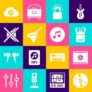 CD veya DVD CD, Online playplay video, Air kulaklık kutusu, Man, Electric bass gitar, Speaker sessizi, Music Streaming Service ve nota, ton simgesi. Vektör