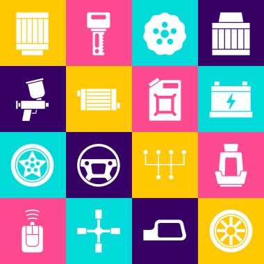 Araba tekerleği, koltuk, akü, radyatör soğutma sistemi, boya spreyi, hava filtresi ve benzin ikonu için teneke kutu ayarlayın. Vektör