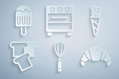 Mutfak çırpıcısını, dondurmayı waffle külahında, ekmekli tostu, kruvasanı, fırını ve ikonu hazırla. Vektör