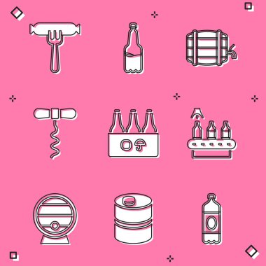 Çatala sosis, plastik bira şişesi, tahta fıçı rafı, şarap tirbuşonu, şişe paketi, konveyör bandı ve metal fıçı ikonu koyun. Vektör