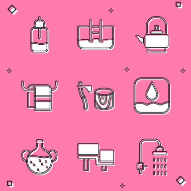 Temel yağ şişesi, merdiveni olan yüzme havuzu, askıda havlu, tahta balta kütüğü, su damlası ve sauna ahşap bank ikonu. Vektör