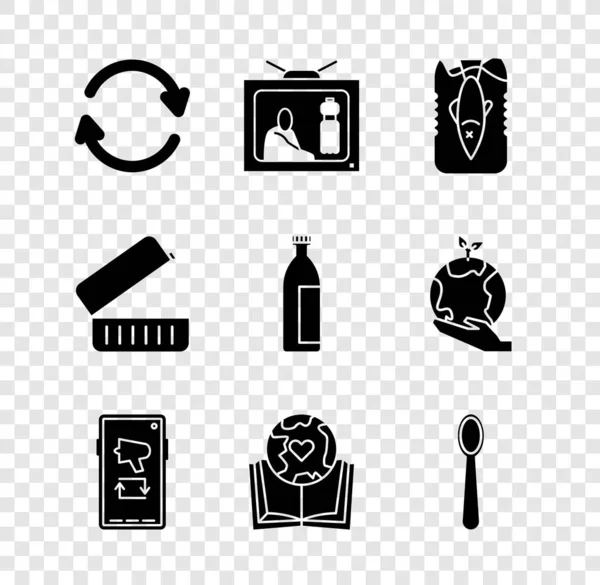 Set Refresh, Stop plastic pollution, ocean, Megaphone mobile, Earth globe and book, Disposable spoon, Lunch box and Lotion cosmetic tube icon. Vector — Stockvector
