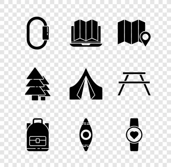 Set Carabiner, Location of the forest laptop, map, Hiking backpack, Kayak canoe, Smart watch showing heart beat rate, Tree and Tourist tent icon. Vector — Stockvektor