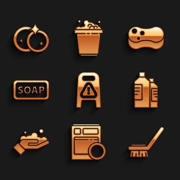 Set Wet floor and cleaning in progress, Kitchen dishwasher machine, Brush for, Bottles agent, Washing hands with soap, Bar of, Sponge and dishes icon. Vector — Stockvektor