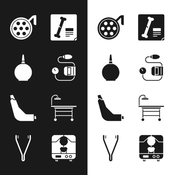 Set Blood pressure, Enema, Surgery lamp, X-ray shots, Inhaler, Operating table, machine and Medical tweezers icon. Vector — 图库矢量图片