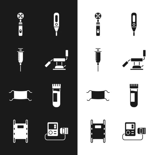 Orvosi fogorvosi szék, fecskendő, elektromos fogkefe, digitális hőmérő, védő maszk, kémcső vérrel, vérnyomás és Stretcher ikon. Vektor — Stock Vector