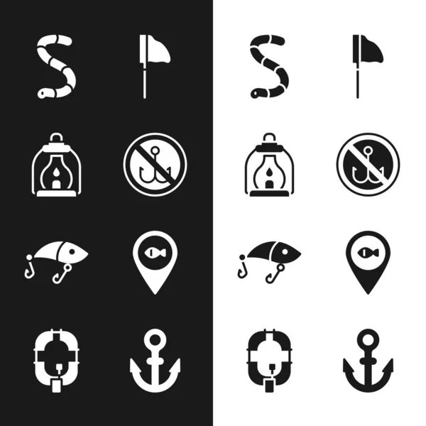 Set No fishing, Camping lantern, Worm, Fishing net with, lure, Location, Anchor and Inflatable boat icon. Vector — Stockvektor