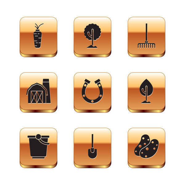 Набор морковь, ведро, лопата, подкова, ферма дом, садовый грабли, картофель и дерево значок. Вектор