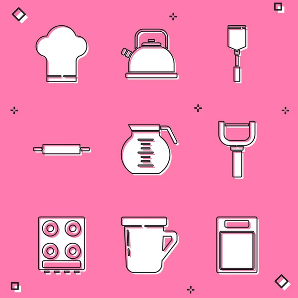 Set Chef hat, Kettle with handle, Spatula, Rolling pin, Coffee pot, Peeler, Gas stove and cup icon. Vector — Stock Vector