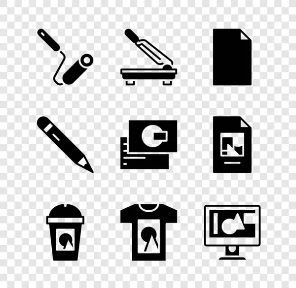 Set Paint roller brush, Paper cutter, Empty document, Coffee cup to go, T-shirt, Computer monitor screen, Pencil with eraser and Business card icon. Vector — Stock Vector