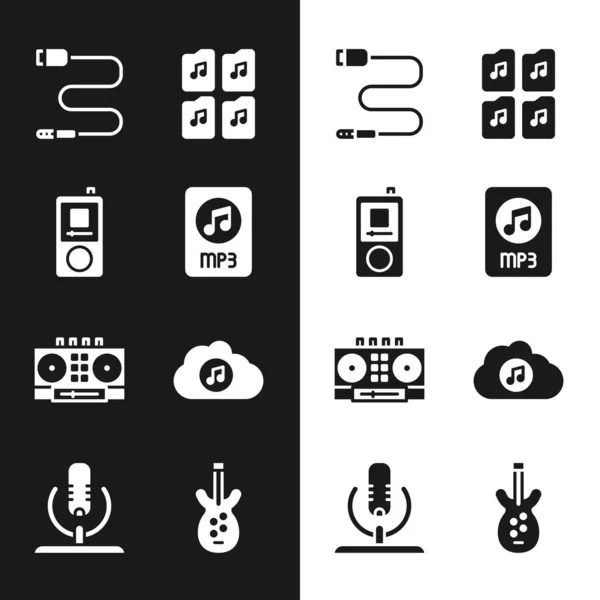 Set MP3 file document, Music player, Audio jack, DJ remote and mixing music, streaming service, Electric bass guitar and Microphone icon. Vector — ストックベクタ