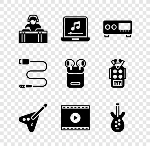 Set DJ playing music, Laptop with note, Guitar amplifier, Electric bass guitar, Online video, Audio jack and Air headphones box icon. Vector — ストックベクタ