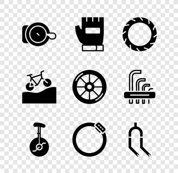 Set Bicycle bell, Gloves, wheel tire, Unicycle or one bicycle, brake disc, fork, Mountain and icon. Vector — Stockvektor