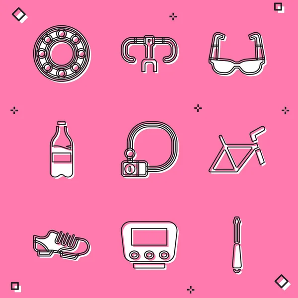 Set Bicycle ball bearing, handlebar, Sport cycling sunglasses, bottle with water, lock, frame, shoes and speedometer icon. Vector — Stockvektor