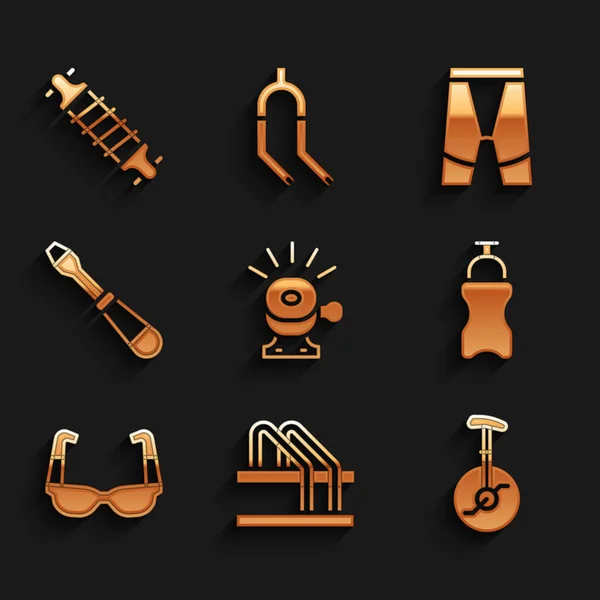 Set Bicycle bell, parking, Unicycle or one wheel bicycle, Sport bottle with water, cycling sunglasses, Screwdriver, Cycling shorts and suspension icon. Vector — Archivo Imágenes Vectoriales